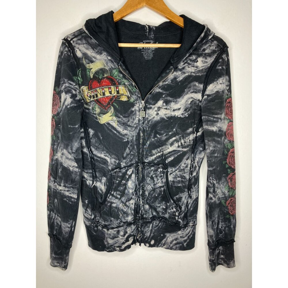 Y2K Sinful Affliction Womens Medium Zip Up Hoodie Black Tie Dye Rose Tattoo Hear